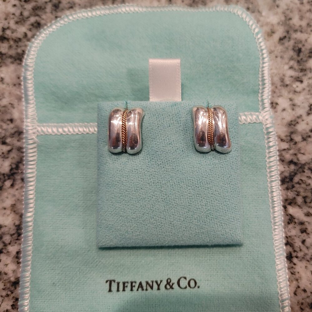 Tiffany & Co. Sterling Silver and 14K Yellow Gold Rope Stud Earrings with pouch - Picture 1 of 16